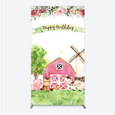 Aperturee - Aperturee Farm Animals Birthday Rectangle Backdrop for Girl Watercolor Pink Barnyard and Floral Theme Happy Birthday Party Decor